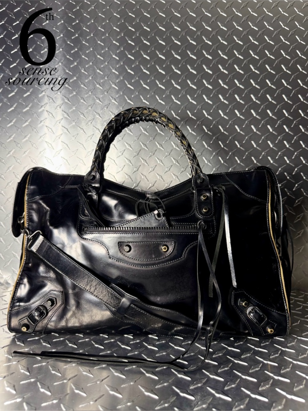 Balenciaga Glazed Calfskin Medium Moto City Bag in Black